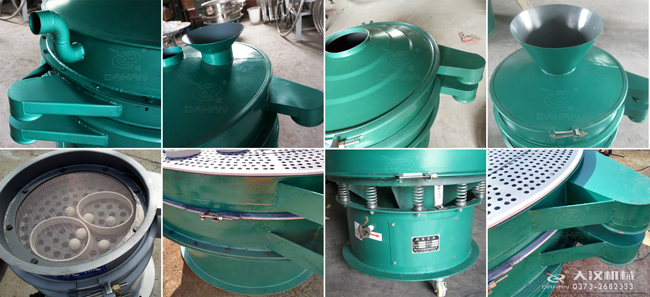 碳鋼振動篩進(jìn)料口，出料口，篩框，篩網(wǎng)，彈跳球等細(xì)節(jié)展示