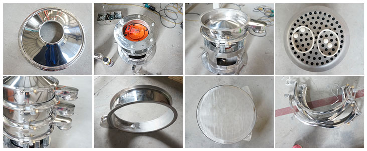 不銹鋼振動篩結(jié)構(gòu)展示：防塵蓋，出料口，閘門，篩網(wǎng)于彈跳球，底座，振動彈簧等。