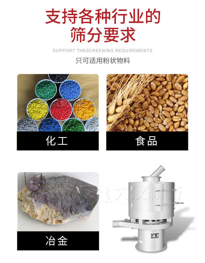 氣流篩用于礦粉，石墨粉，活性納米碳酸鈣，鋁灰，大豆粉，碳酸重鈣，石墨粉，木粉，干草，重金石粉，藥粉末，橡膠顆粒，草酸鹽，干料粉，木粉，聚酯粉，干粉，塑料，金屬粉末，橡膠粉，粉煤灰，石墨粉，陶瓷粉，鋅粉，石英粉，石灰粉，鐵粉，金屬硅粉等。