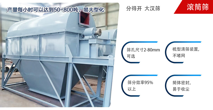 滾筒篩分開放式,封閉式兩種選擇無塵篩分。無軸滾筒：適用生活垃圾等一些有一定纏繞性物料;有軸滾筒：適用石料，砂土等含水量較少的物料