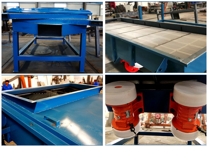 方形振動篩出料口，篩網(wǎng)和網(wǎng)架，進料口，振動電機等細節(jié)展示。