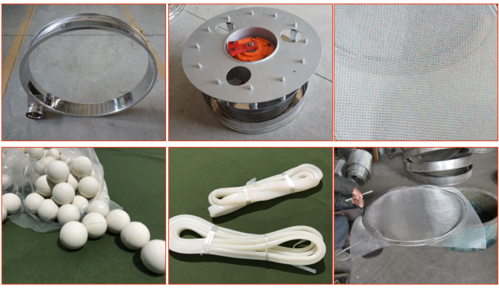 800型全不銹鋼振動篩配件有：振動篩篩框，電機，不銹鋼篩網(wǎng)等。