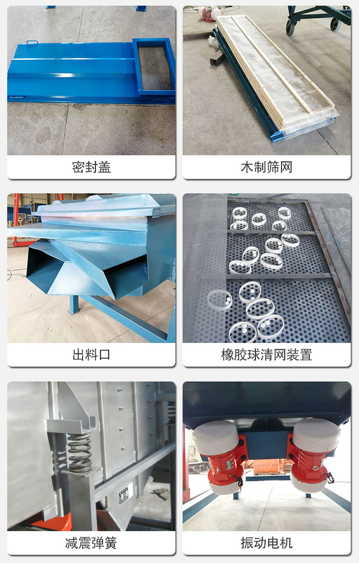 直線篩結(jié)構(gòu)展示：篩網(wǎng)，篩箱，振動(dòng)電機(jī)，振動(dòng)電機(jī)座，減震彈簧，支架等部件展示圖