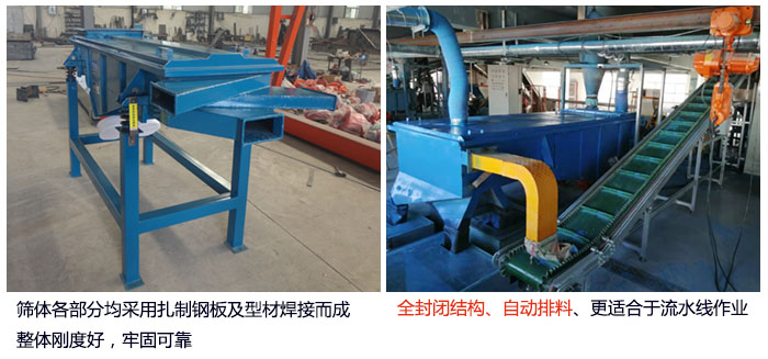直線篩分機(jī)篩體各部分均采用扎制鋼板及型材焊接而成整體剛度好，牢固可靠；全封閉結(jié)構(gòu)、自動(dòng)排料、更適合于流水線作業(yè)。