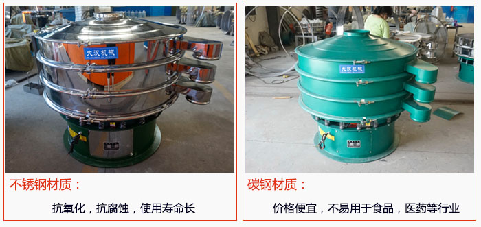 800型振動篩有不銹鋼和碳鋼兩種材質(zhì)，不銹鋼材質(zhì)：抗氧化，抗腐蝕，使用壽命長 碳鋼材質(zhì)：價格便宜，不易篩分食品，化工，醫(yī)藥等行業(yè)的物料。