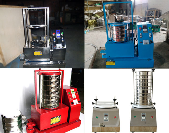 三種不同類型的試驗(yàn)篩，區(qū)別控制臺(tái)在下部或在右側(cè)。材質(zhì)為不銹鋼和碳鋼兩種，碳鋼材質(zhì)做了噴漆有：紅色和藍(lán)色兩種。