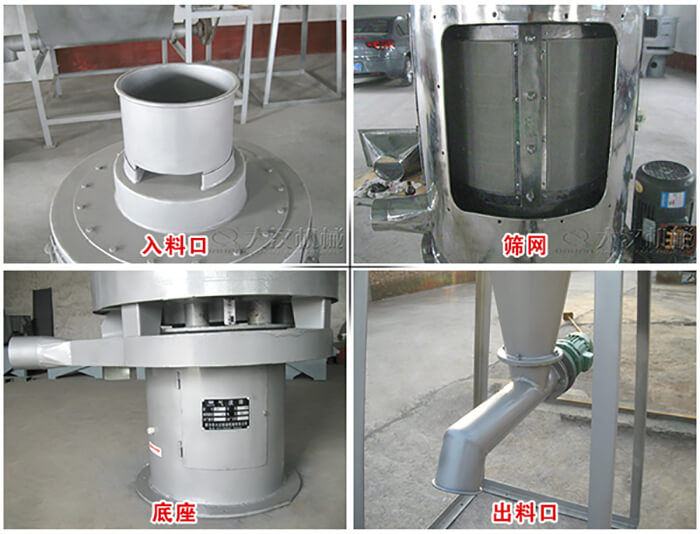 氣流篩部件展示：入料口，篩網(wǎng)，底座，出料口等。