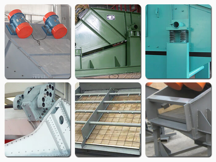 礦用振動(dòng)篩主要由激振器、篩體、篩網(wǎng)、減振裝置及座架等組成。篩箱由篩框、篩板、襯板等組成