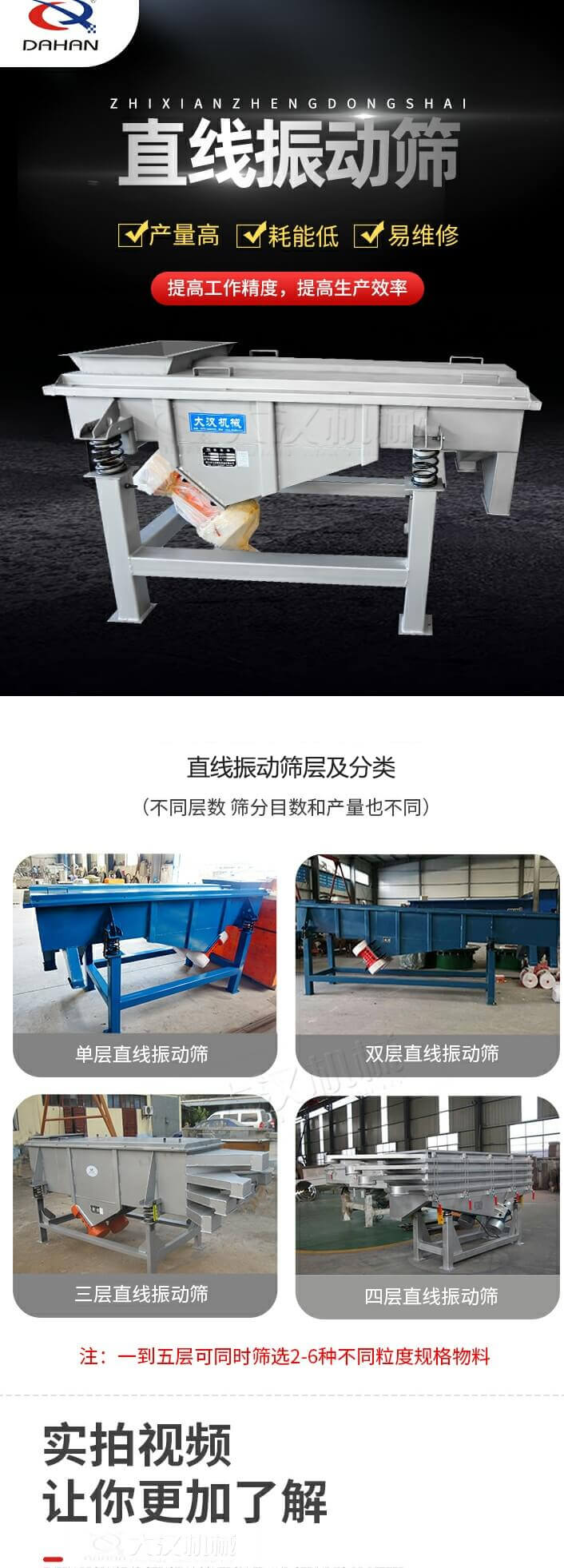 直線振動(dòng)篩概述，產(chǎn)量高，耗能低，易維修，提高工作精度，提高生產(chǎn)效率，直線振動(dòng)篩層級(jí)分類：不同層數(shù)，篩分目數(shù)和產(chǎn)量也不同：?jiǎn)螌?，雙層，三層，四層等。