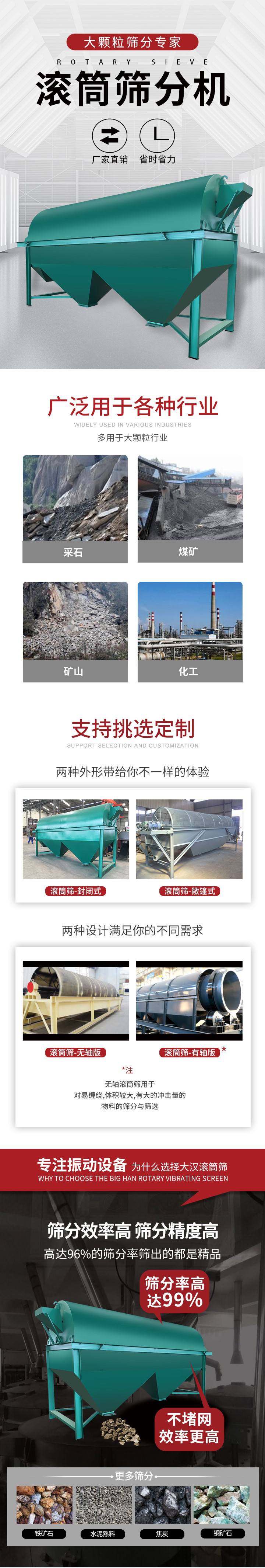 滾筒篩分機(jī)大顆粒篩分專家：廠家直銷，省時省力。滾筒篩被廣泛應(yīng)用各種行業(yè)：多用于大顆粒行業(yè)例如：采石，煤礦，礦山，化工等。滾筒篩定制類型有哪些：封閉式與敞篷式產(chǎn)品結(jié)構(gòu)分為：無軸式，有軸式兩種，無軸滾筒篩用于對纏繞，體積較大，有大的沖擊量的物料的篩分與篩選。滾筒篩篩分效率高篩分精度能夠達(dá)到：96%也比較適用于鐵礦石，水泥熟料，焦炭，銅礦石。滾筒篩特點：不飛粉末：密封隔離罩，密封性好，工作過程不會出現(xiàn)飛粉現(xiàn)象。外型尺寸是按筒體長計