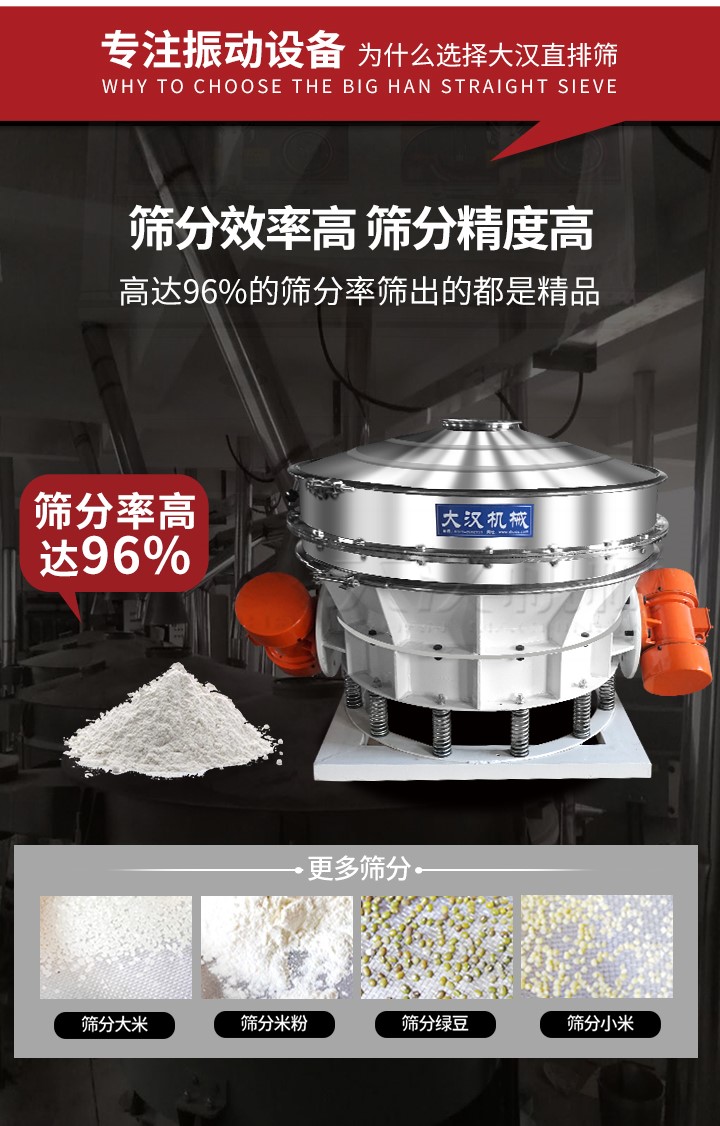 直排篩適用物料有面粉，淀粉，洗衣粉，金屬粉，添加劑，化工，非礦等行業(yè)。