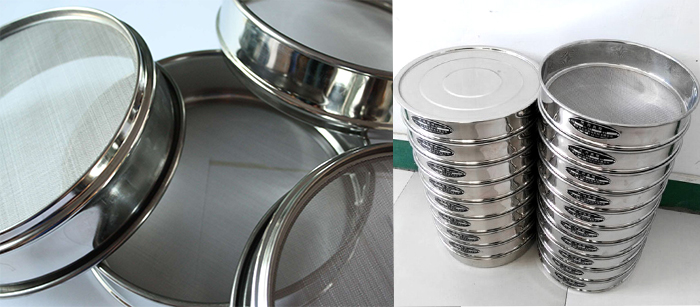 標(biāo)準(zhǔn)土壤篩，篩框與篩網(wǎng)展示圖。