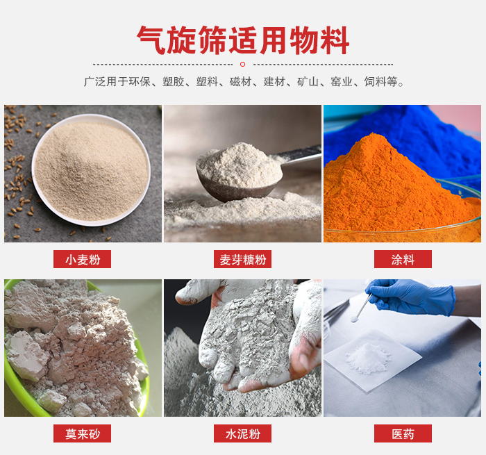 氣旋篩適用物料：小麥粉，麥芽糖粉，涂料，等粉狀物料。